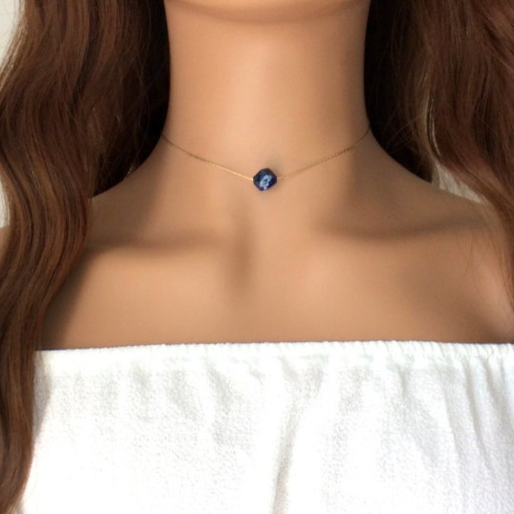 Lapis choker necklace 14k gold filled - September birthstone, throat chakra